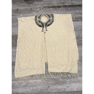 Vintage Mayan Calendar Poncho Cape Cream Wool Shawl Fringe Rustic Ethnic 70s